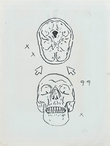 rough sketch of the human skull, 2 computer mouses and the number 99