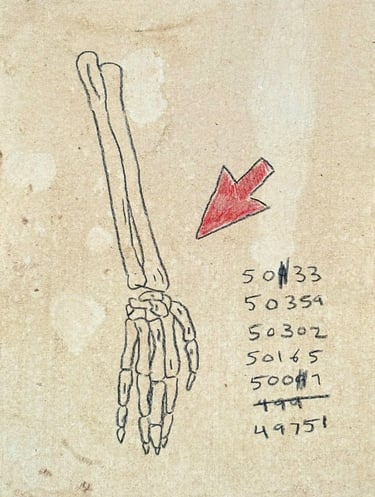 rough sketch of anatomy of the human arm, a computer mouse and codes made with wax pencil