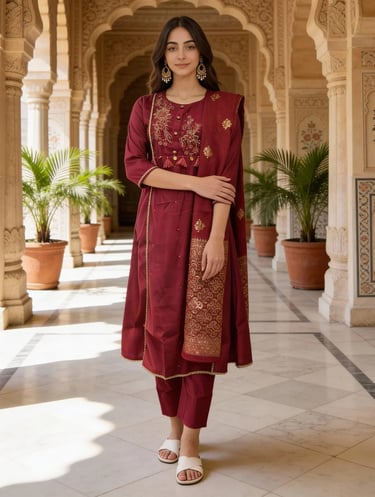 Poly Viscose Embroidered A-Line Calf Length Kurta and Pant with Dupatta - Pink