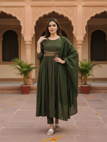 Poly Viscose Embroidered Straight Calf Length Kurta with Pant and Dupatta - Olive