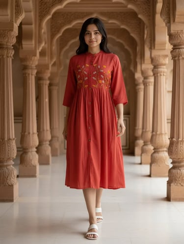 Rayon Embroidered Flared Calf Length Dress - Coral