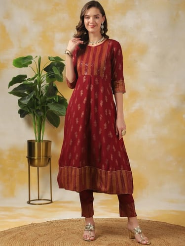 Rayon Floral Embroidered Calf Length Anarkali Kurta With Pant - Maroon