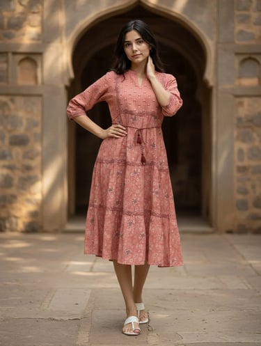 Viscose Poly Printed Flared Calf Length Dress - Pink