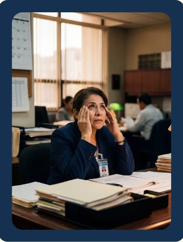 Servidora pública estresada por los trámites y papeles de su pensión ISSSTE.