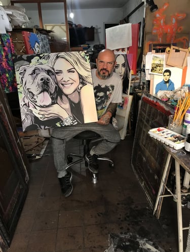 Quadro vibrante de Sérgio Astral mostrando um retrato colorido em estilo Pop-Art.