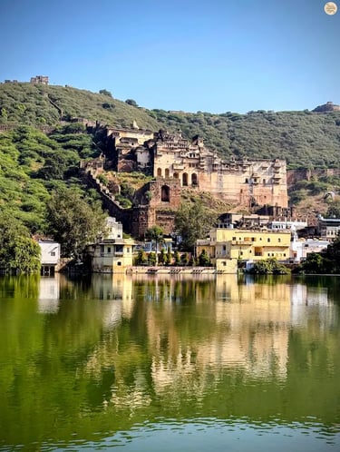 Nawal Sagar Lake with Taragarh Fort overlooking from the hilltop in Bundi.