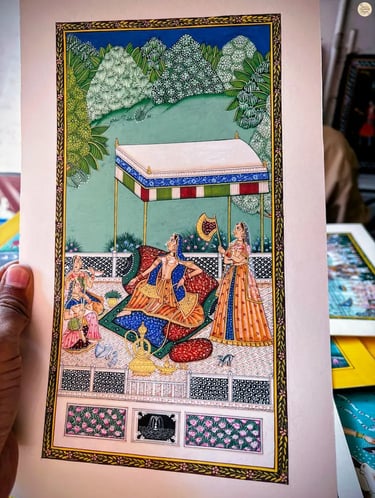Bundi miniature painting with fine brushstrokes and rich detailing.