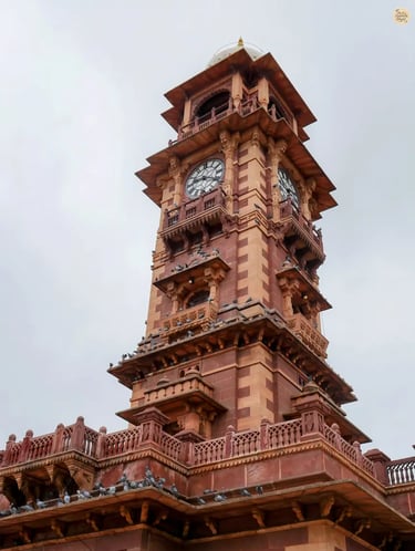 Iconic Ghanta Ghar Jodhpur standing gracefully above the vibrant streets of Sardar Market in the Blue City.