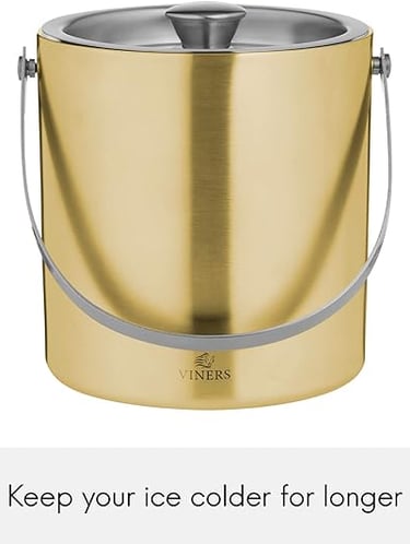 Gold double-wall ice bucket, modern metallic design for stylish entertaining.