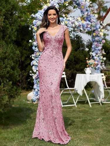 XUIBOL women's sequined sleeveless V-neck mermaid gown, perfect for weddings, parties, eternal chic