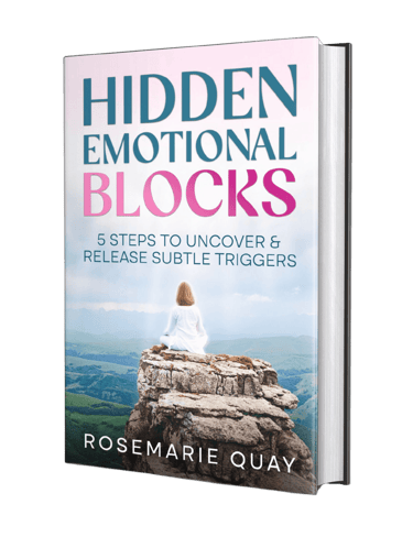 Hidden Emotional Blocks self-help book cover by Rosemarie Quay featuring a woman meditating on a mountain.