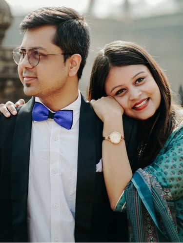 Pre wedding photo of a couple in a garden, capturing their love story