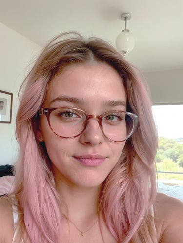 a woman with pink hair and glasses on her face
