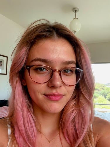 a woman with pink hair and glasses on her face