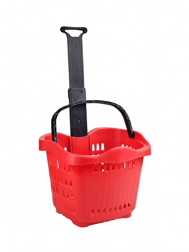 canasto con ruedas de 55 litros rojo con manillar telescópico para supermercado