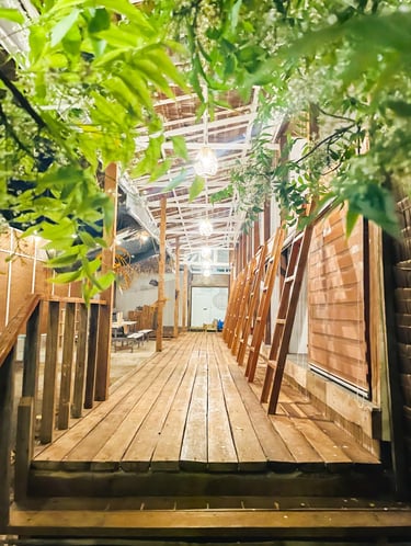 Rustic wooden walkway with hanging pendant lights and lush greenery in a tropical eco-resort.
