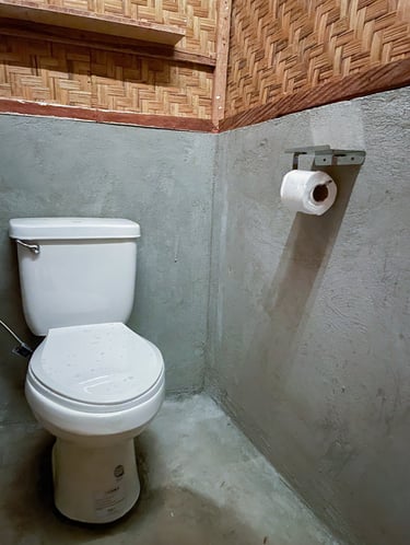 Rustic bathroom featuring a white toilet against concrete walls with bamboo woven accents.
