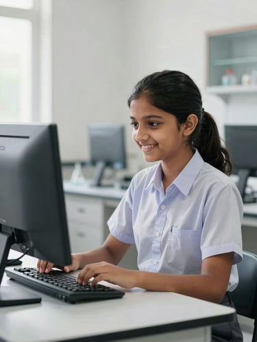Eye-level medium shot of an Indian girl in a neat school uniform smiling while working on a modern computer in a bright, clean science laboratory, soft natural daylight, high-key exposure