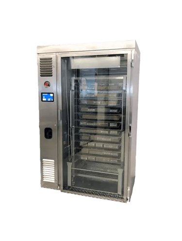 Industrial stainless steel thawing cabinet with glass door and digital control panel.