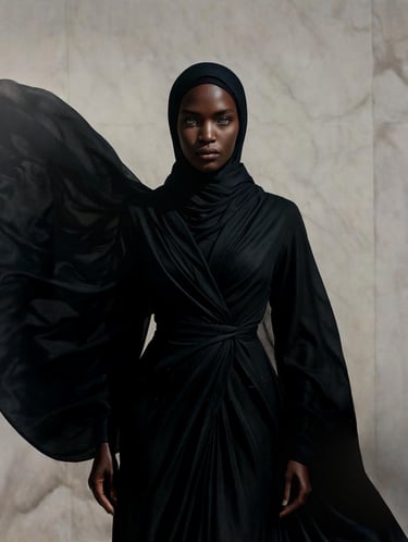 A beautiful black woman wearing an elegant black wrap dress.
