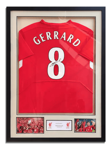 A framed Liverpool jersey, signed by Steven Gerrard