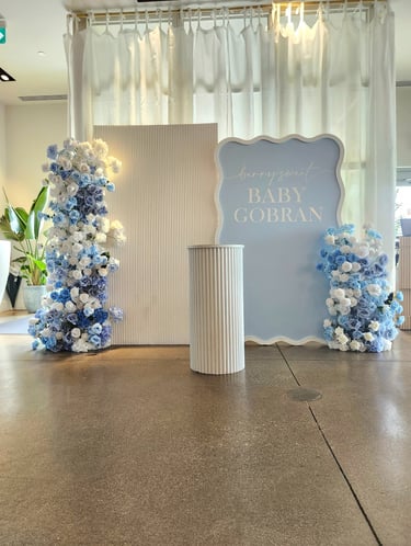 Baby blue backdrop for a bridal shower in Oakville