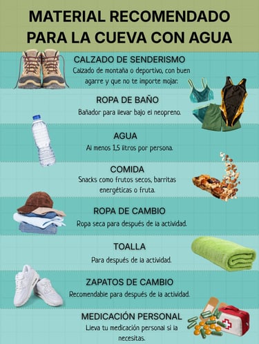 Material recomendado para realizar la cueva de las Excéntricas con tramos acuáticos