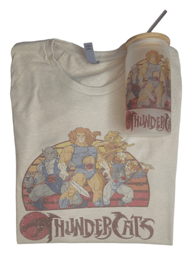 A t-shirt with a Glass tumbler.