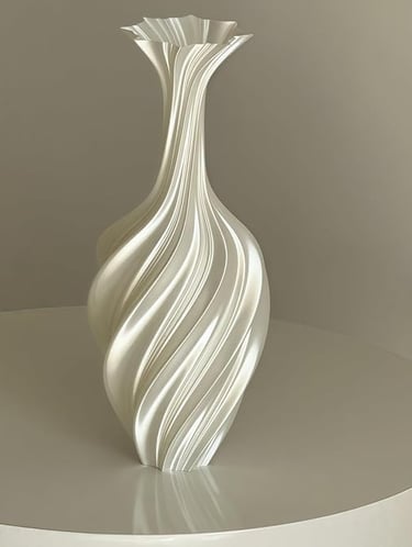 Tall white decorative vase with elegant swirled design, luxury modern home decor.