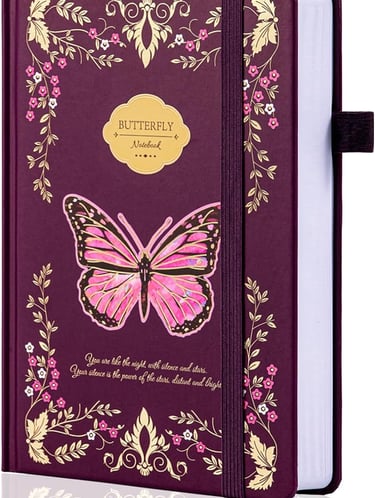 Burgundy hardback journal with gold detailing and pink butterfly illustration, elegant writing noteb