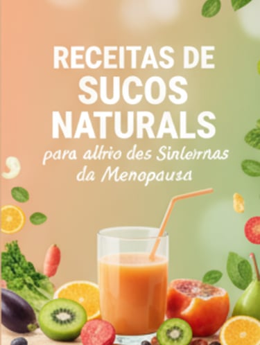 A book cover titled 'RECEITAS DE SUCOS NATURAIS para alívio dos sintomas da menopausa' featuring images of various fruits, vegetables, and a glass of juice.