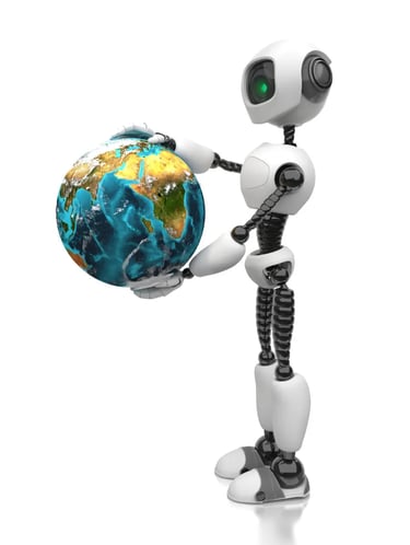 En vit AI-robot håller fram en jordglob med båda händerna.