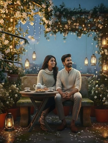 Couple romance. Happy Indian couple, rooftop cafe date.