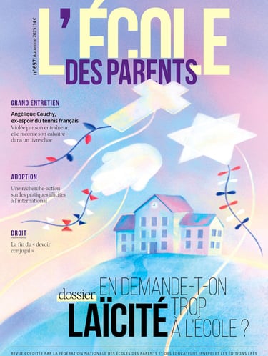 couverture illustrée de l'école des parents pour la laicité représentant une école survolée par des cerf-volants