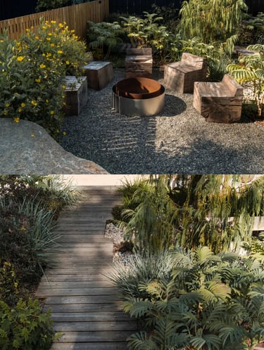 Garden corner with natural wood, gravel, weathered metal fire bowl and layered plants, showing warm 
