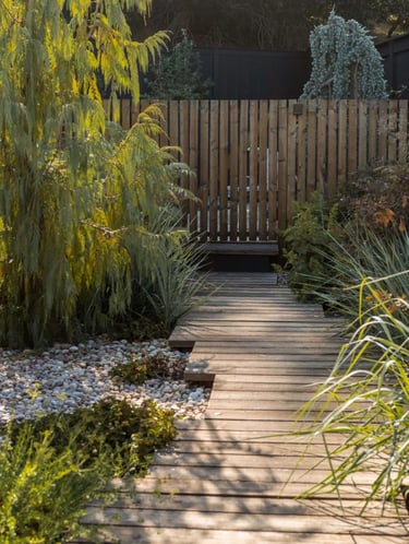 Wooden garden pathway surrounded by grasses, shrubs and natural planting, creating a calm outdoor sp