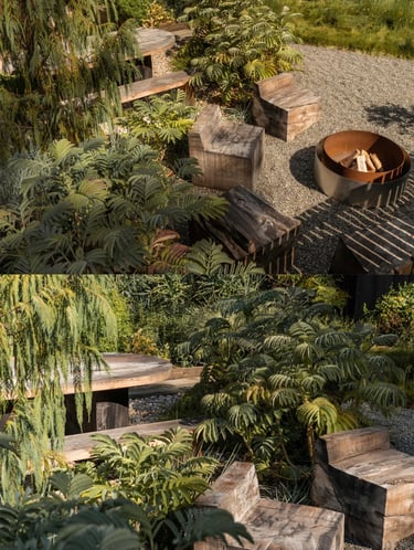 Layered garden design with wood, stone, gravel, plants and weathered metal, creating a relaxed natur