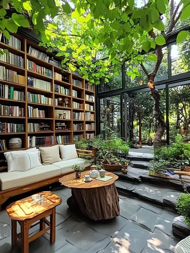 Quiet garden retreat with sofa seating, wooden shelves, leafy trees and stone pathway creating a pri