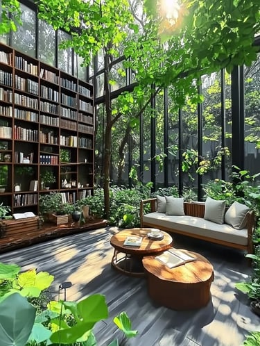Peaceful garden seating area with bookshelves, soft outdoor sofa, round wood tables and surrounding 