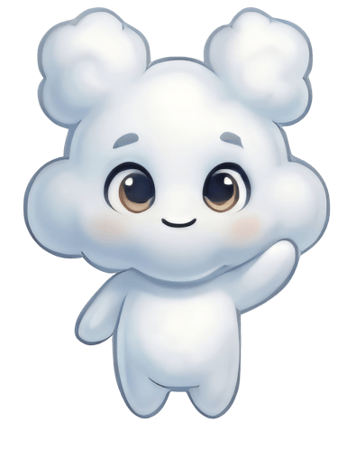 Cute white cloud character illustration with a friendly smile and waving hand on a black background.