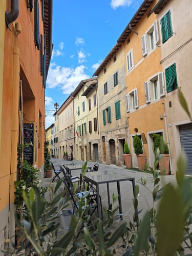 a street scene with a bicycle parked in front of a building