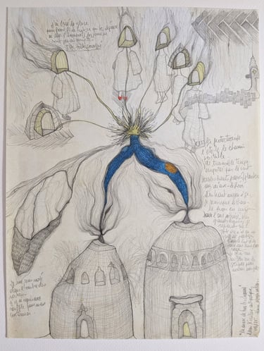 karine-nguyen-van-tham-la nonne de tous les chemins, dessin sur papier huilé, étoile et ancêtres