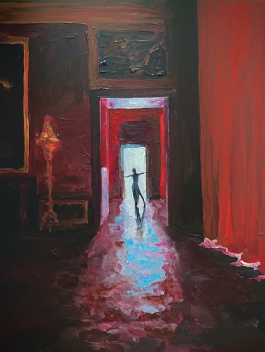 a painting of a red room and a woan at the end of the corridor