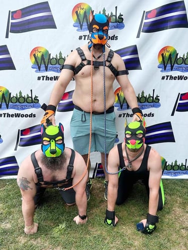 3 men posing in dog masks and posture,