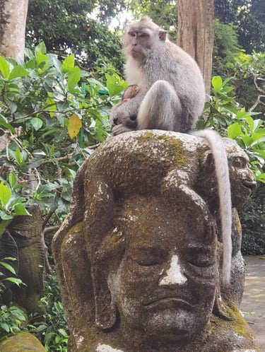 A long-tailed macaque sits atop a mossy stone monkey statue in the Ubud Sacred Monkey Forest Sanctuary.