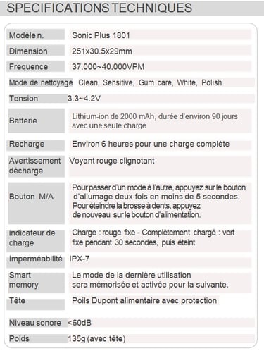SPECIFICATIONS TECHNIQUES brosse à dent aquolab sonique hygiene-precision