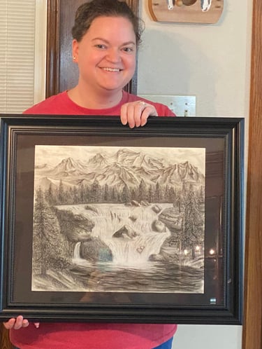 a charcoal drawing of mountains in the background with a waterfall, rocks, and trees