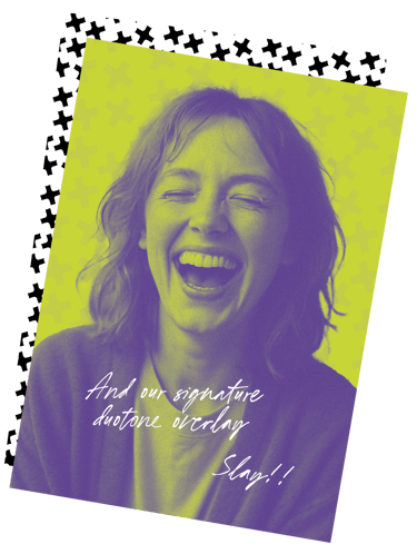 A laughing woman in purple and yellow overlay