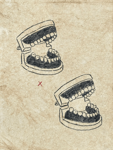 rough sketch of two dental anatomical models made with wax pencil
