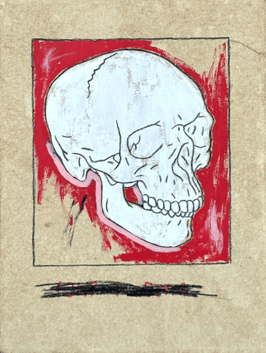 rough sketch of the human skull with red background made with acrylics and wax pencil